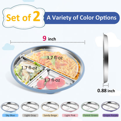 Bakpoco Stainless Steel Toddler Plate with Suction, 9” Divided Plates with Removable Silicone Sleeves for Kids, Non Toxic & BPA Free | Non Slip | Unbreakable Baby Snack Dishes Set of 2, Blue & Gray