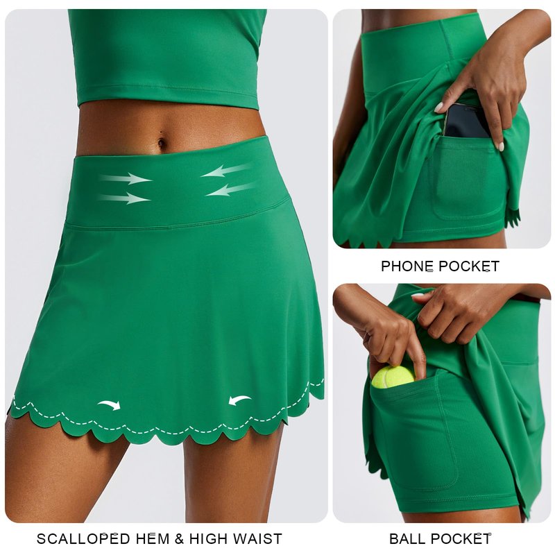 PINSPARK Skorts for Woman High Waisted Tennis Skirt Built in Shorts with 2 Pockets Quick Dry Golf Skort Stretchy Athletic Skirts for Pickleball Workout, Green XS