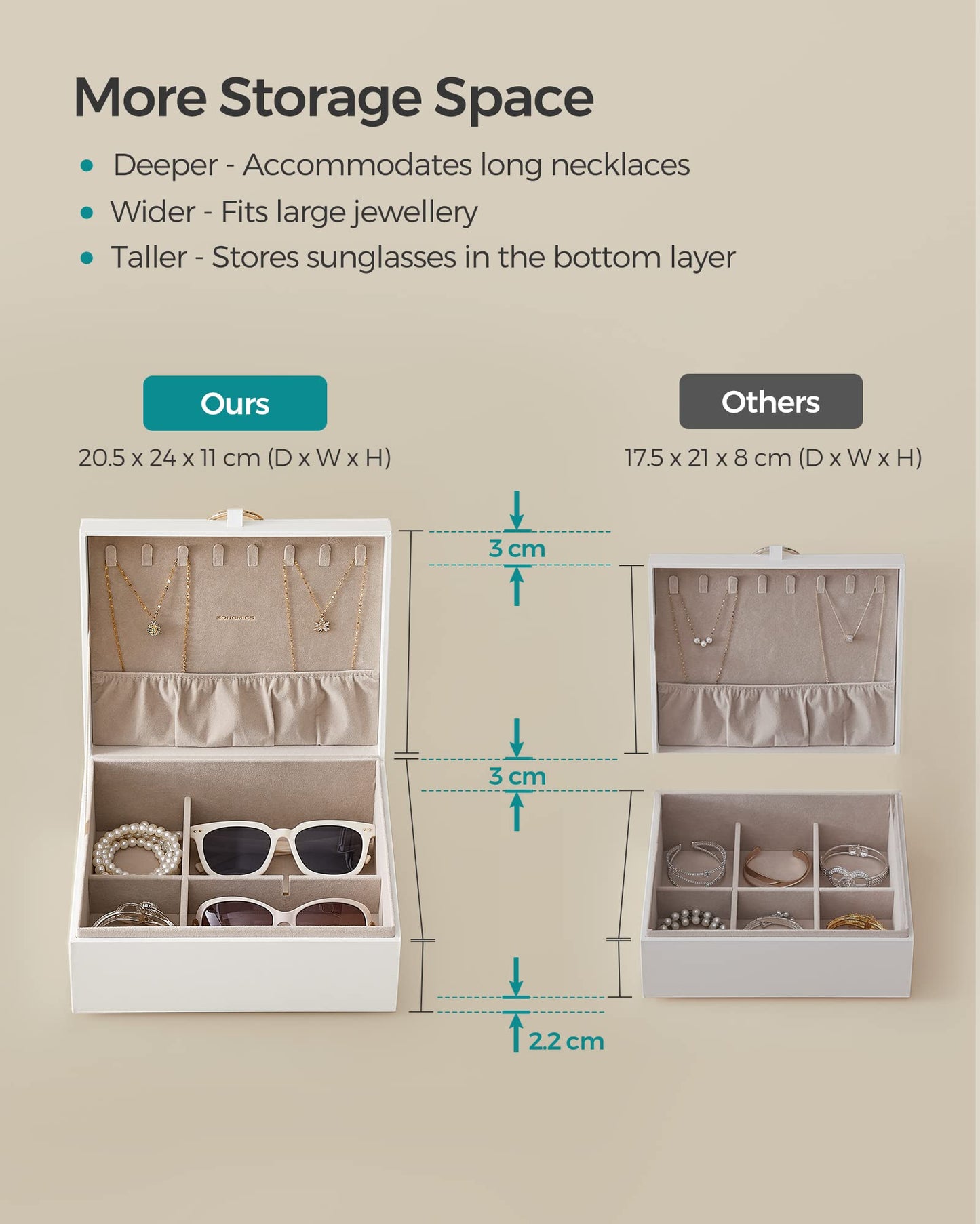 SONGMICS 2-Layer Jewellery Box, Jewellery Organiser with Handle, Removable Jewellery Tray, Jewellery Storage, Floating Effect, 20.5 x 24 x 11 cm, Gift Idea, White JBC165W01