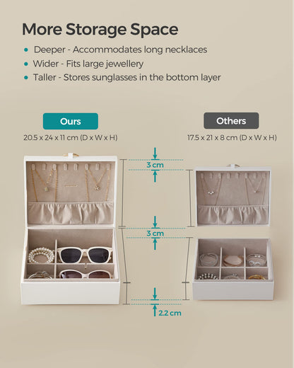 SONGMICS 2-Layer Jewellery Box, Jewellery Organiser with Handle, Removable Jewellery Tray, Jewellery Storage, Floating Effect, 20.5 x 24 x 11 cm, Gift Idea, White JBC165W01