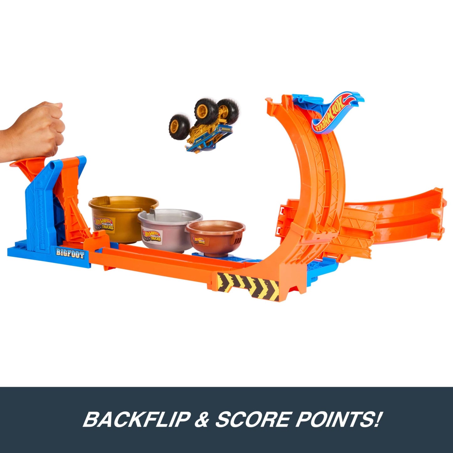 Hot Wheels Monster Trucks Toy Truck & Track Set, Loop-And-Flip Trophy Challenge Playset & 1:64 Scale 50th Anniversary Die-Cast Bigfoot, 2 Ways to Play, JBX64