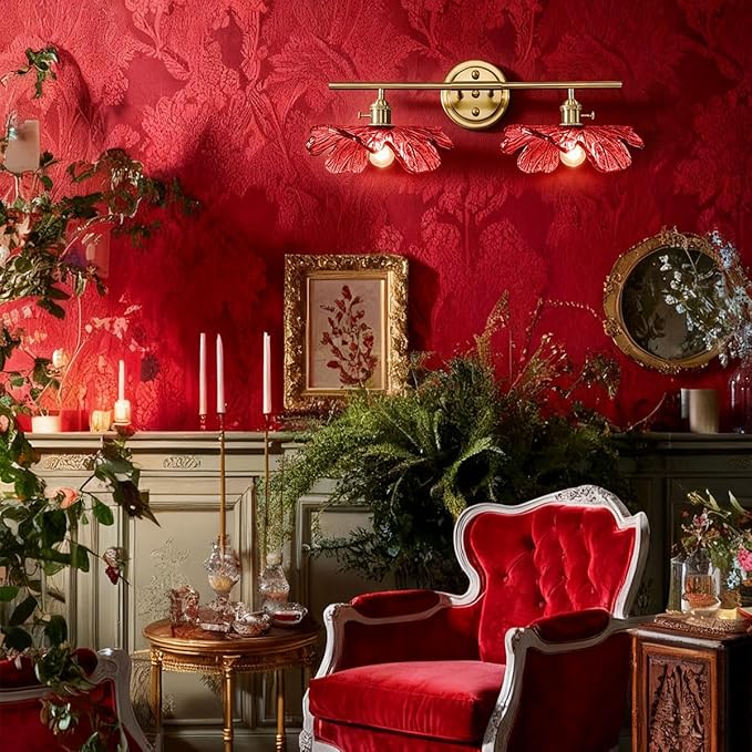 2 light bathroom Lighting Fixture vintage vanity light with Red Flower Glass Shade mid century wall light art deco Bathroom vanity Lights Over Mirror gold brass wall sconce for Hallway Living Room