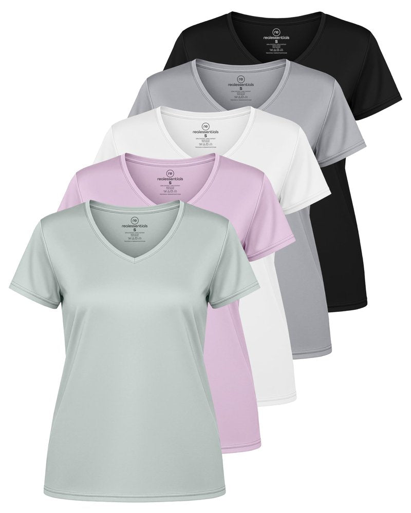 Real Essentials 5 Pack: Women's Dry-Fit Short Sleeve V Neck T Shirt Workout Fitness Yoga Top Tee (Available in Plus Size), Set 9, 1X