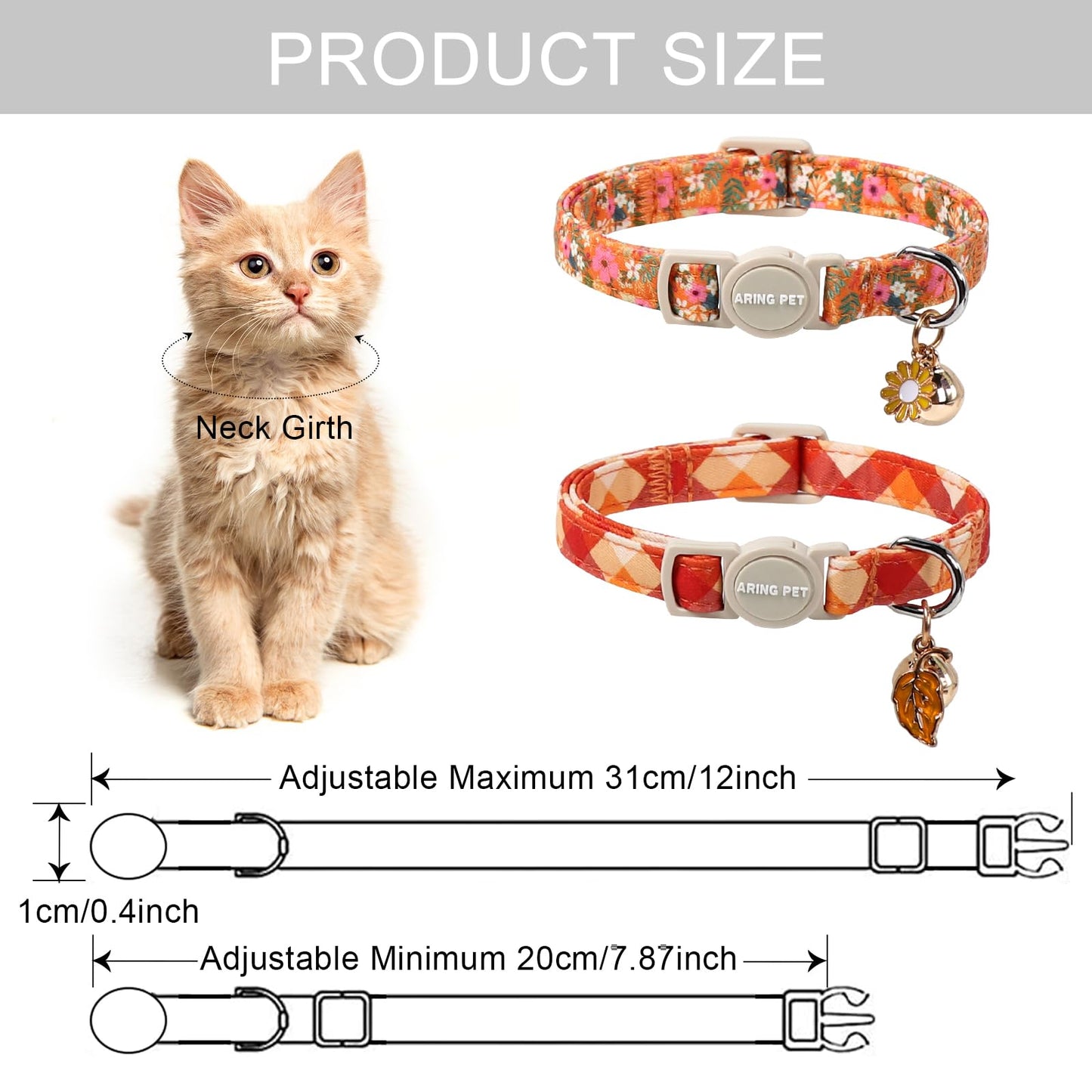 ARING PET 2 Pack Cat Collars, Breakaway Cotton Fall Halloween Kitten Collar with Bells for Girl Boy Cats Floral & Orange Plaid