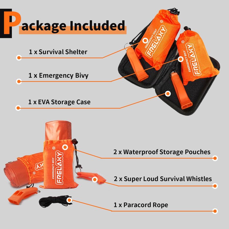 Frelaxy Extra-Thick Survival Tent and Emergency Sleeping Bag, Emergency Shelter Survival Bivy Set with Whistles, Paracord, Storage Pouches, and EVA Case, Perfect for Survival Kits (Orange Set)