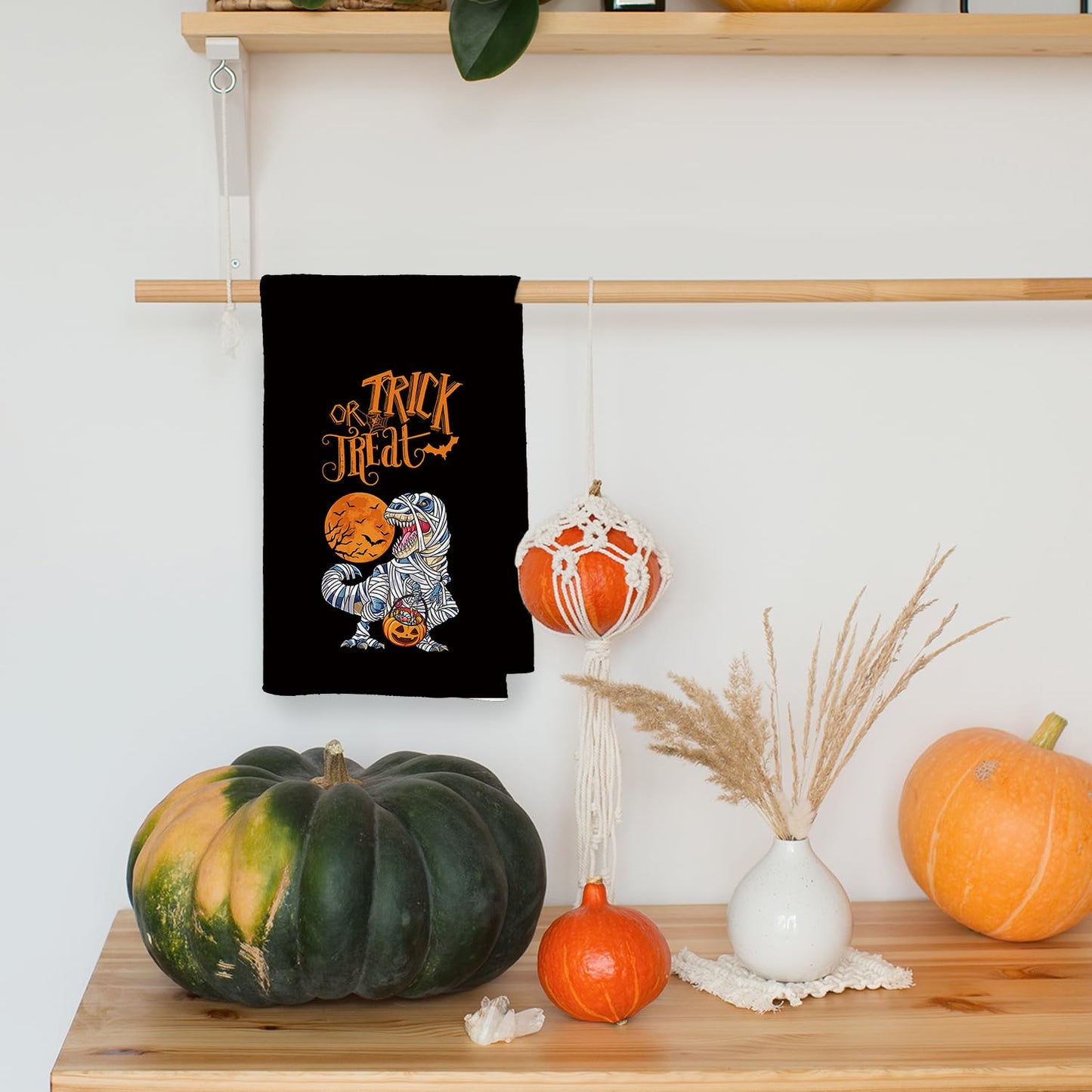 CIOJUNE Trick or Treat Halloween Kitchen Towels, Ghost Dinosaur Pumpkin Decorative Hand Towels for Bathroom, Halloween Dish Towels for Kitchen Bathroom Decor, 16x24 Inch