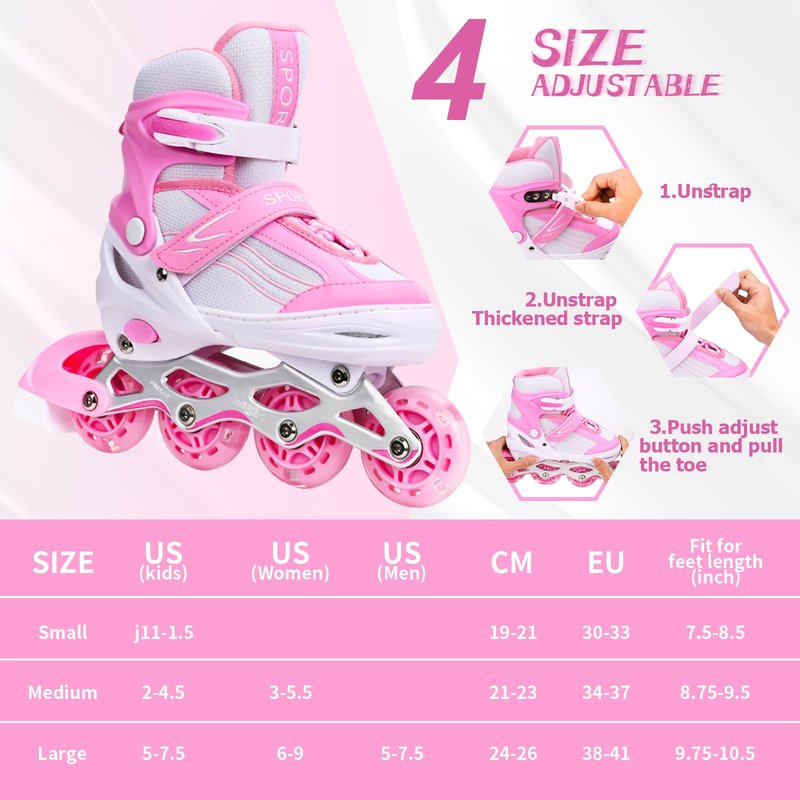 Kids Inline Skates for Girls Boys with All Wheels Illuminating, Adjuatable Mens and Womens Roller Skates Blades for Beginner in Outdoor and Indoor (Pink&White, Medium - Big Kids)