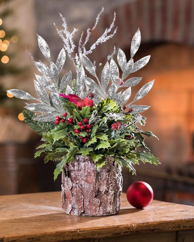 DILATATA 6Pcs Christmas Glitter Leaves Bay Leaves Spray 24" Artificial Silver Bay Leaf Picks Sprays Giltter Stems for Christmas Tree DIY Xmas Wreath Garland Home Decor - Silver