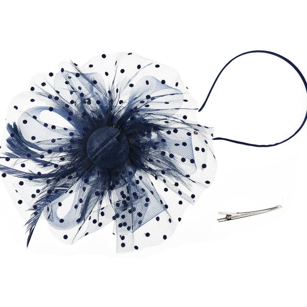 DRESHOW Fascinators Hat Flower Mesh Ribbons Feathers on a Headband and a Forked Clip Cocktail Tea Party Headwear for Girls and Women
