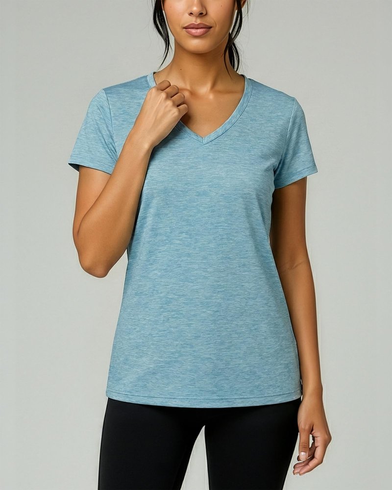 Real Essentials 5 Pack: Women's Dry-Fit Short Sleeve V Neck T Shirt Workout Fitness Yoga Top Tee, Set 1, M