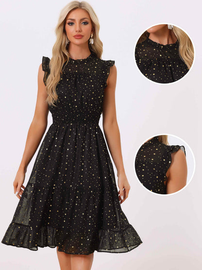 Allegra K Casual Chiffon Midi Dress for Women Halloween Sleeveless Smocked Waist Gilding Metallic Stars Party Dresses X-Large Black