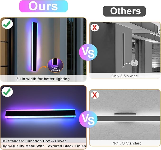 2 Pack RGB Outdoor Long Wall Lights, 60 inch Outside LED Long Lights, Dimmable Exterior Lighting Fixtures, Large Outside Linear Light Fixture for Patio, Garage, Porch, Front Door