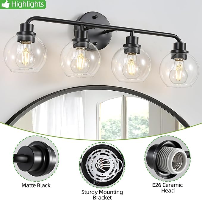 Bathroom Light Fixtures Black Vanity Light 4 Light Wall Sconces Lighting Bathroom Lights with Globe Clear Glass Shade Bath Wall Lights Wall Lamp for Mirror Kitchen Living Room Bedroom Hallway 27 Inch