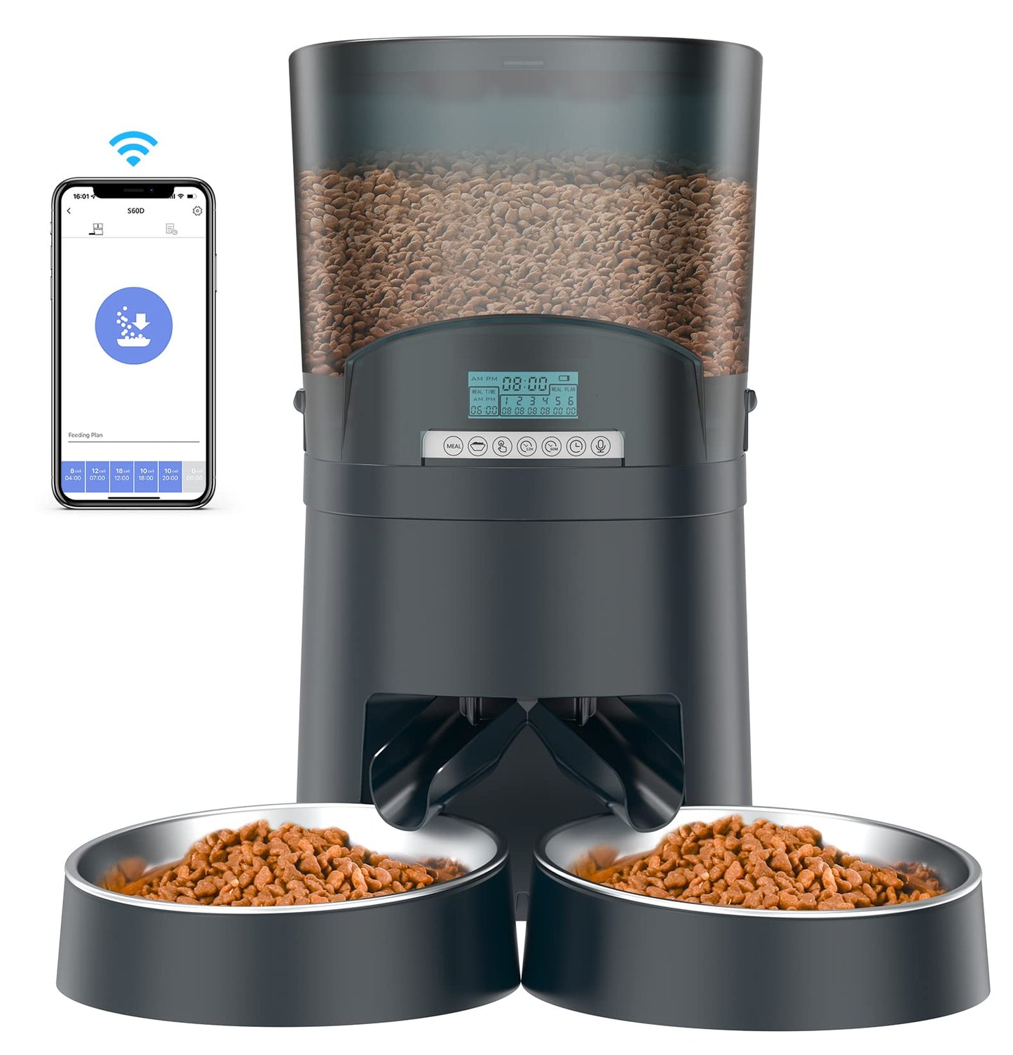 HoneyGuaridan 6.5L Automatic Cat Feeder, 2.4G Wi-Fi Smart Pet Feeder with APP Control, Desiccant Bag, Voice Recorder and Dual Power Supply, Up to 6 Meals Per Day for Cats & Small/Medium Dogs (Blue)