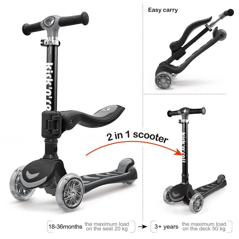 Kicknroll Kids Kick Scooter 2-in-1 Light Up 3 Wheel Scooters with 4 Levels Adjustable Handlebar, Folding Seat, Extra Wide No-Slip Deck for Girls Boys Ages 3-8 Years Old Max 110 Lbs