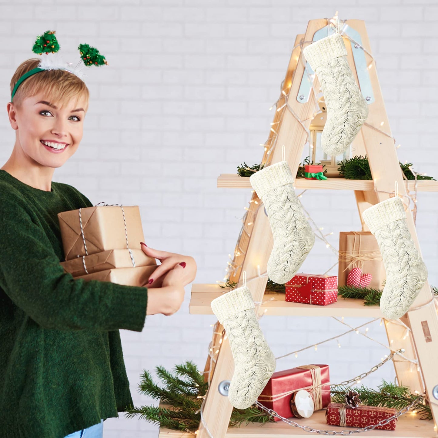 Kunyida Pack 4,18" Unique Ivory White Knit Christmas Stockings Style3