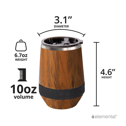 Elemental Recess Wine Tumbler - Triple Wall Insulated Stainless Steel Coffee Mug for Hot & Cold Drinks - Portable Cup with Shatterproof Sip Lid for Camping, Outdoor & Travel - 10oz - Teak Wood