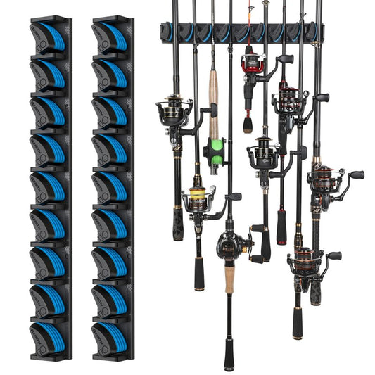 PLUSINNO 2 pack Vertical Fishing Rod rack, Wall Mounted Fishing Rod holder, 2 Packs Fishing Pole Holders Hold Up to 18 Rods or Combos, Fishing rod holders for garage, Fishing Gear and Gifts for Men