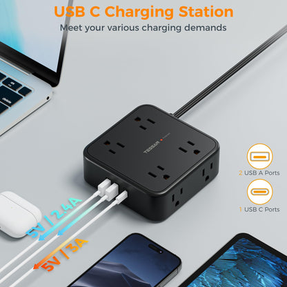 TESSAN Surge Protector Power Strip, 5 Ft Flat Plug Extension Cord with 3 USB (1 USB C) 8 Outlets, 900J Surge Protection, 3 Sided Outlet Extender with Power Switch for Office, Dorm Room Essentials