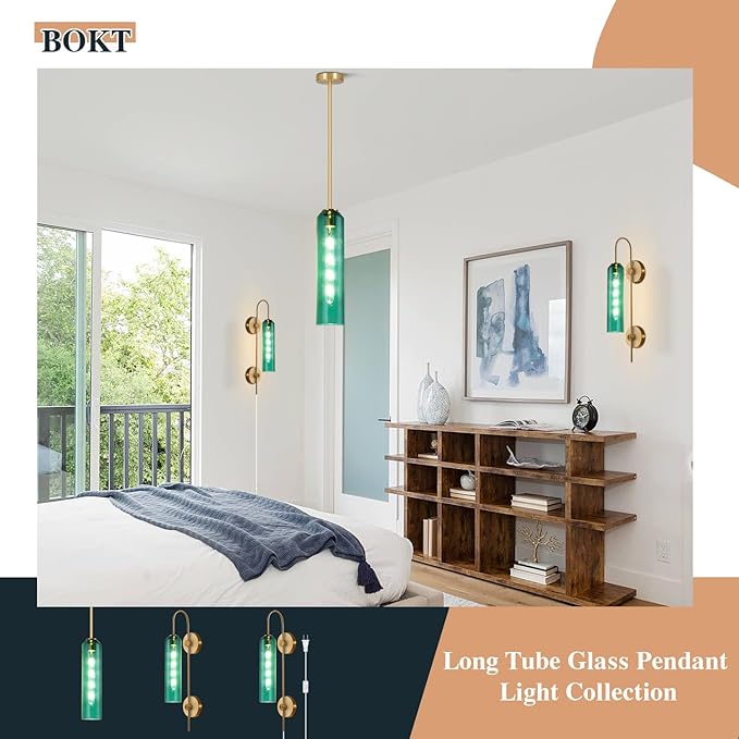 BOKT Modern Gold Wall Sconce Green Glass Hardwired Bedside Wall Light Fixtures Mid Century Long Metal Wall Sconce Single Hardwired Bathroom Bar Wall Lamp (Green)