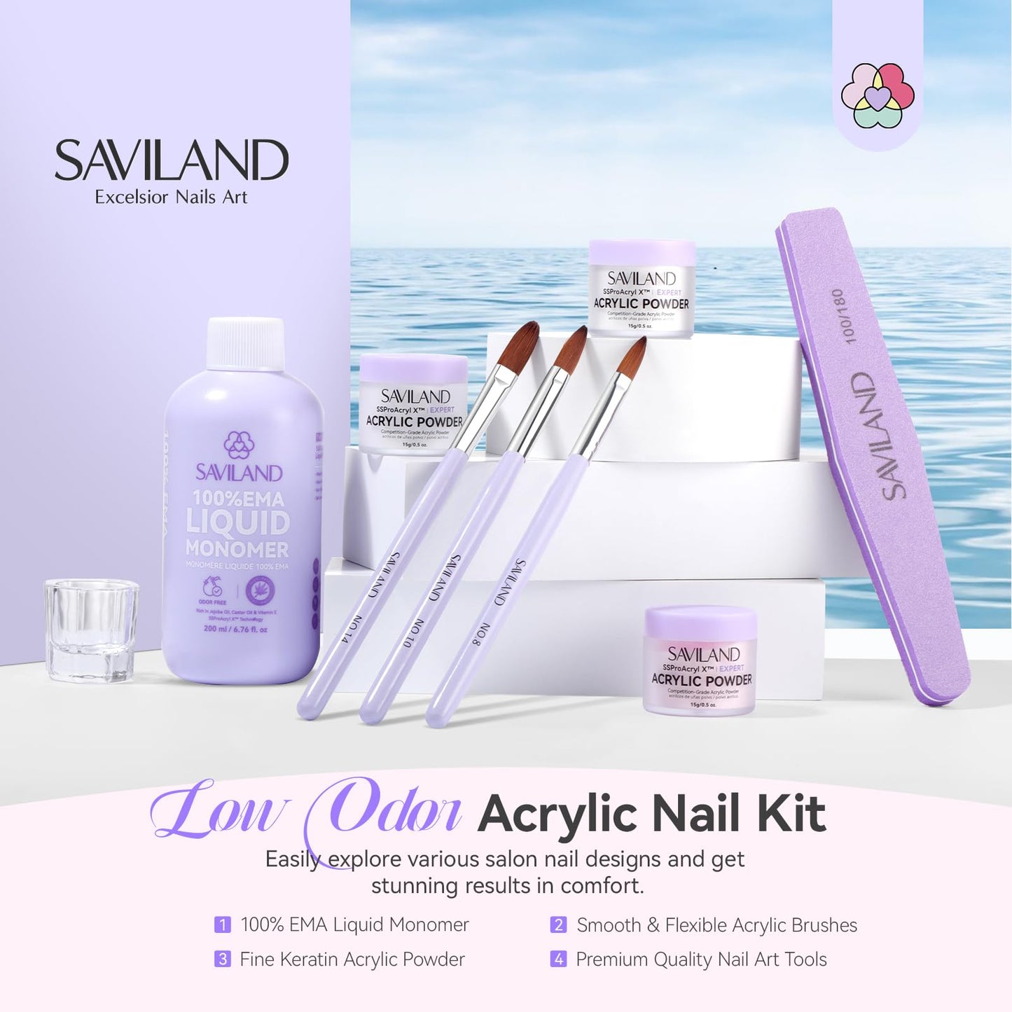 SAVILAND Essentials Acrylic Nail Kit Starter: Acrylic Nail Kit for Beginners with Everything White Pink Clear Acrylic Powder and Liquid Set #8/10/14 Nail Brush Forms Manicure Tools Home Nail Salon DIY