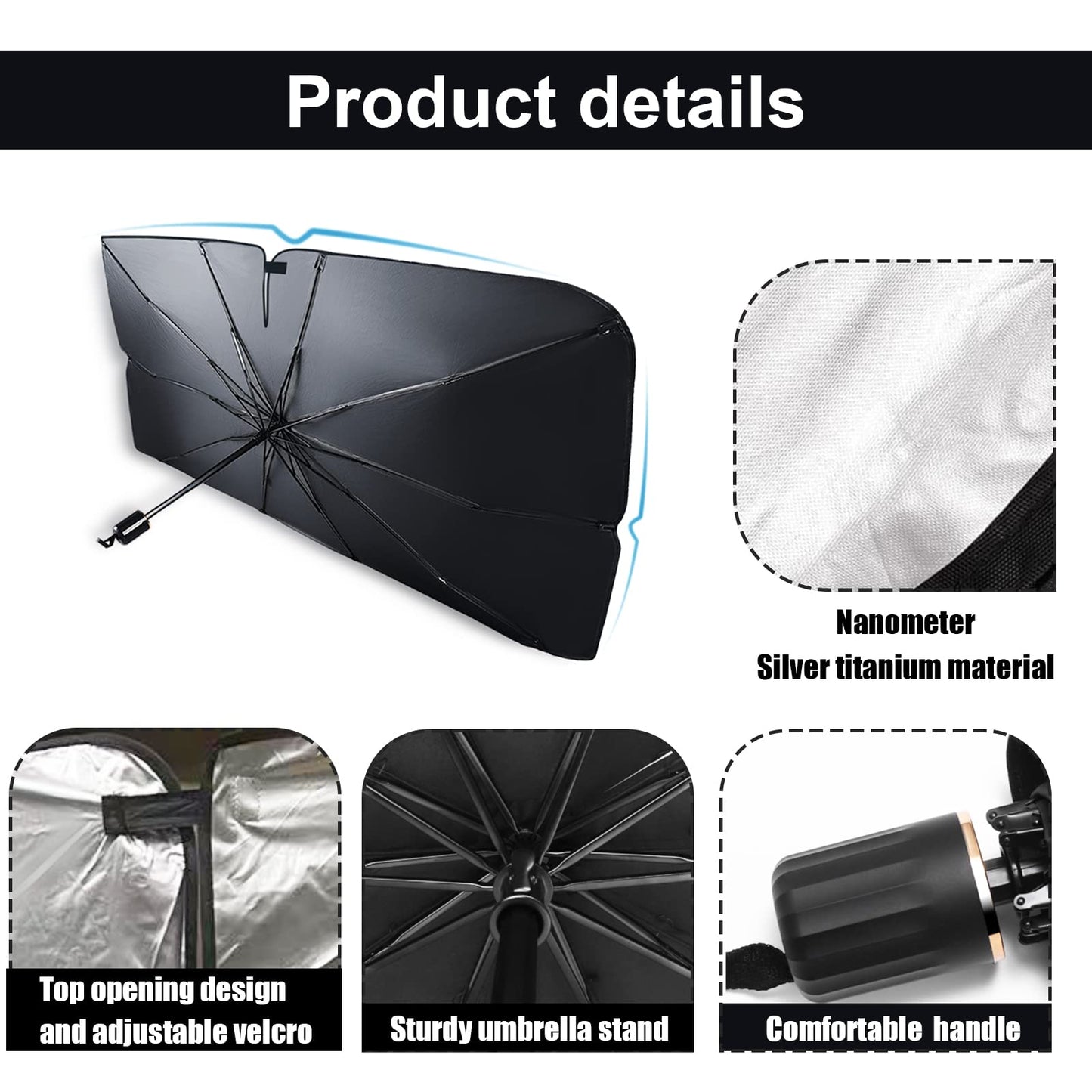 Car Windshield Sun Shade Umbrella, Reflective Sunshade for Front Window Blocks UV Rays Heat Keep Vehicle Cool, Foldable Shade Front Windshield Car Accessories Interior (55x31 Inches)