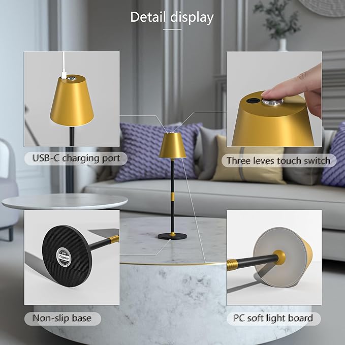 Modern LED CordlessTable Lamp,4000mAh Rechargeable Battery Desk lamp,3 Level Brightness Kitchen Light, Portable,Minimalist Design, for Couple Dinner/Coffee Table/Restaurant/Bedroom(Gold&Black 2pack)