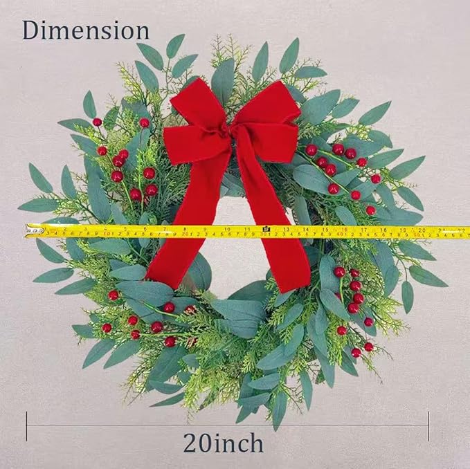 20 Inch Christmas Wreath for Front Door,Artificial Realistic Green Leaves with Red Bow, Used for Window, Wall, Porch, and Other Indoor and Outdoor Home Decorations