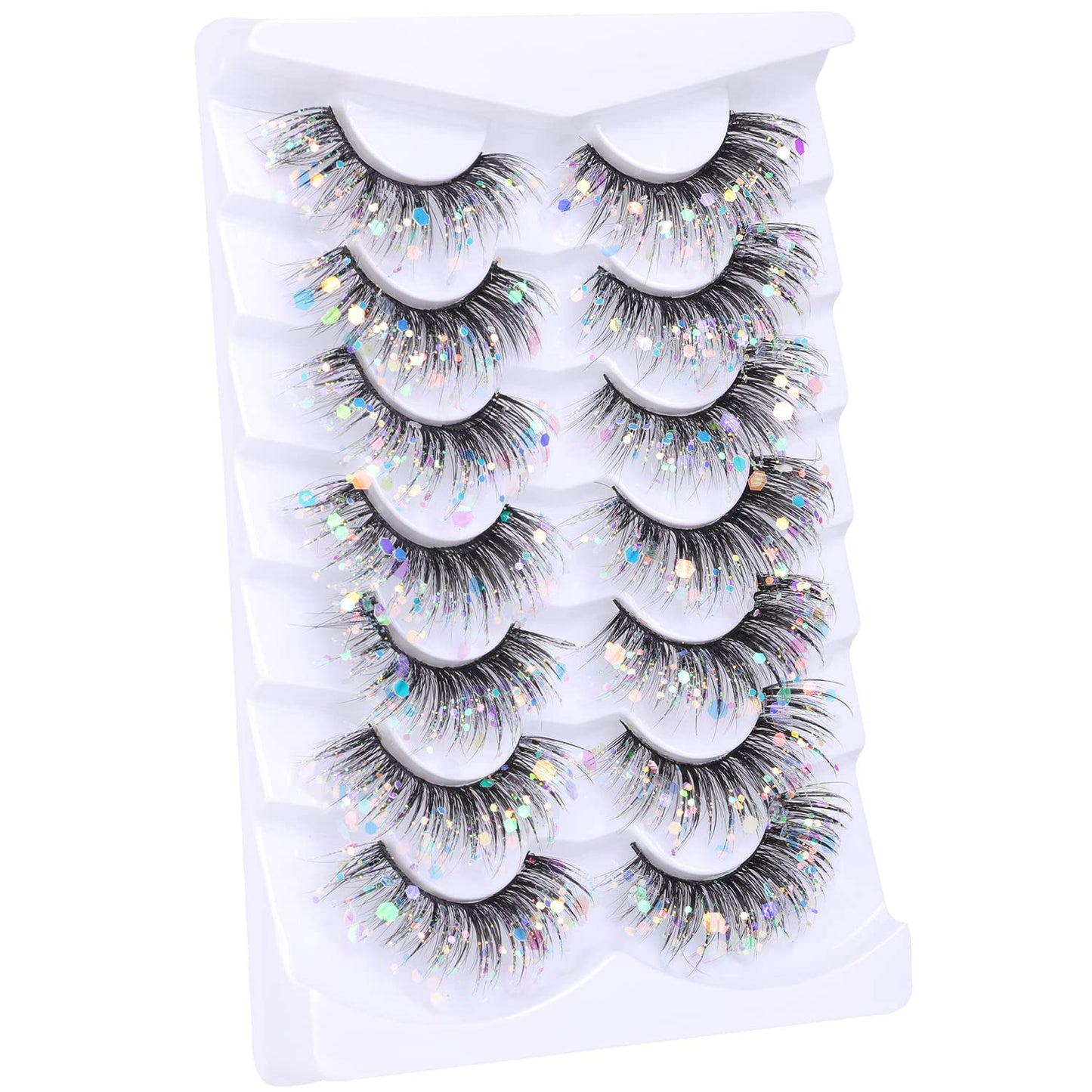 Glitter Lashes Dramatic False Eyelashes with Shinny Glitter Decorative Colored Lashes Glow in the Dark Faux Mink Eyelahses Cat Eye Strip Lashes Pack 7 Pairs
