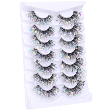 Glitter Lashes Dramatic False Eyelashes with Shinny Glitter Decorative Colored Lashes Glow in the Dark Faux Mink Eyelahses Cat Eye Strip Lashes Pack 7 Pairs