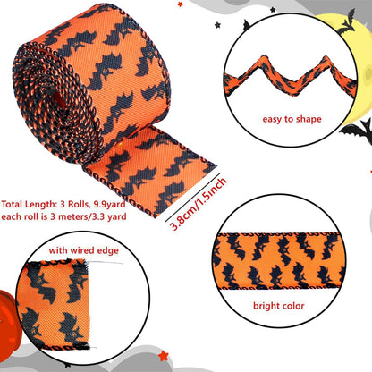 3 Rolls Halloween Wired Edge Ribbon 9.9 Yard Bat Spider Web Skull Pumpkin Printed Ribbons Wrapping Ribbon for Halloween Party Decoration Wreath DIY Craft(Purple,Green,Orange)