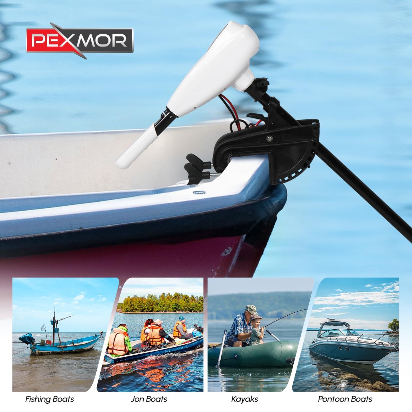 PEXMOR 8 Speed 55LB Electric Trolling Motor, Electric Outboard Boat Motor w/Adjustable Handle & LED Indicator, Transom Mounted for Saltwater, Kayak, Fishing Boat (Off-White, 55LBS)