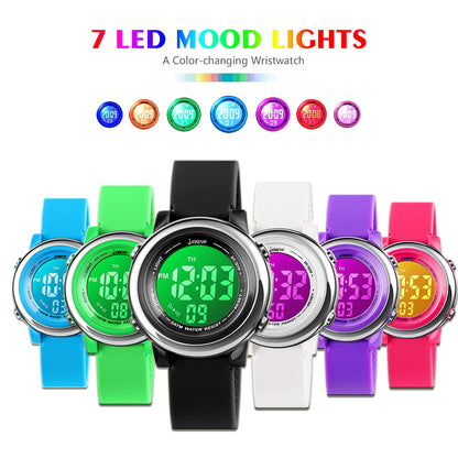 boys and Girls Digital Watch - Kids Sports Waterproof Electrical Outdoor Stopwatch Alarm 7 Color LED Luminescent Watches for Youth Girl - Purple