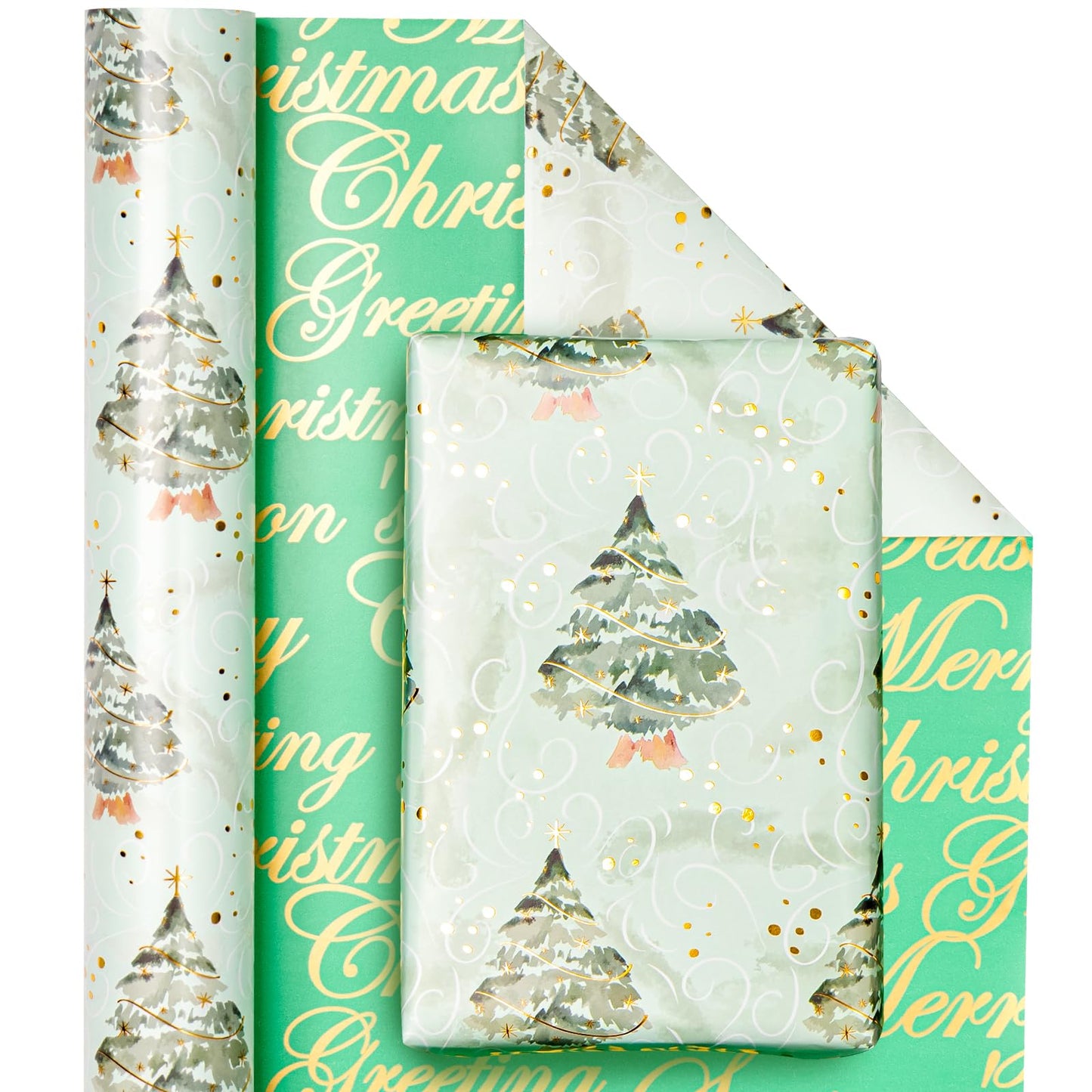 WRAPAHOLIC Reversible Green Christmas Wrapping Paper - Mini Roll - 17 Inch x 33 Feet - Watercolor Green Christmas Tree Wrapping Paper with Metallic Foil Shine for Holiday, Party, Celebration