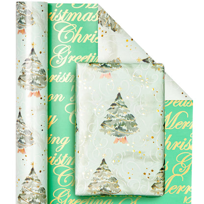 WRAPAHOLIC Reversible Green Christmas Wrapping Paper - Mini Roll - 17 Inch x 33 Feet - Watercolor Green Christmas Tree Wrapping Paper with Metallic Foil Shine for Holiday, Party, Celebration