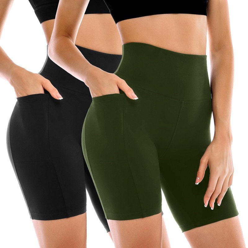 Leafigure 2 Pack Womens Biker Shorts with Pockets, High Waisted Tummy Control Yoga Shorts for Women Running Gym and Workout Black/Green L-XL