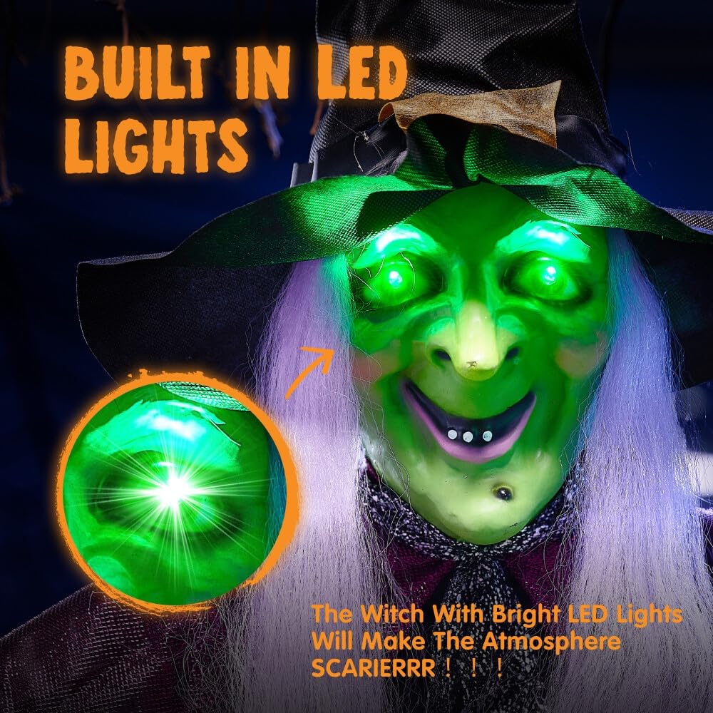 JOYIN 78" Hanging Witch Decor with Magic Ball Halloween Decorations Outdoor, Swing Flying Witch Halloween Porch Decor Party Supplies Sound Activated Light Up Eyes Lawn Yard Garden Door Haunted House