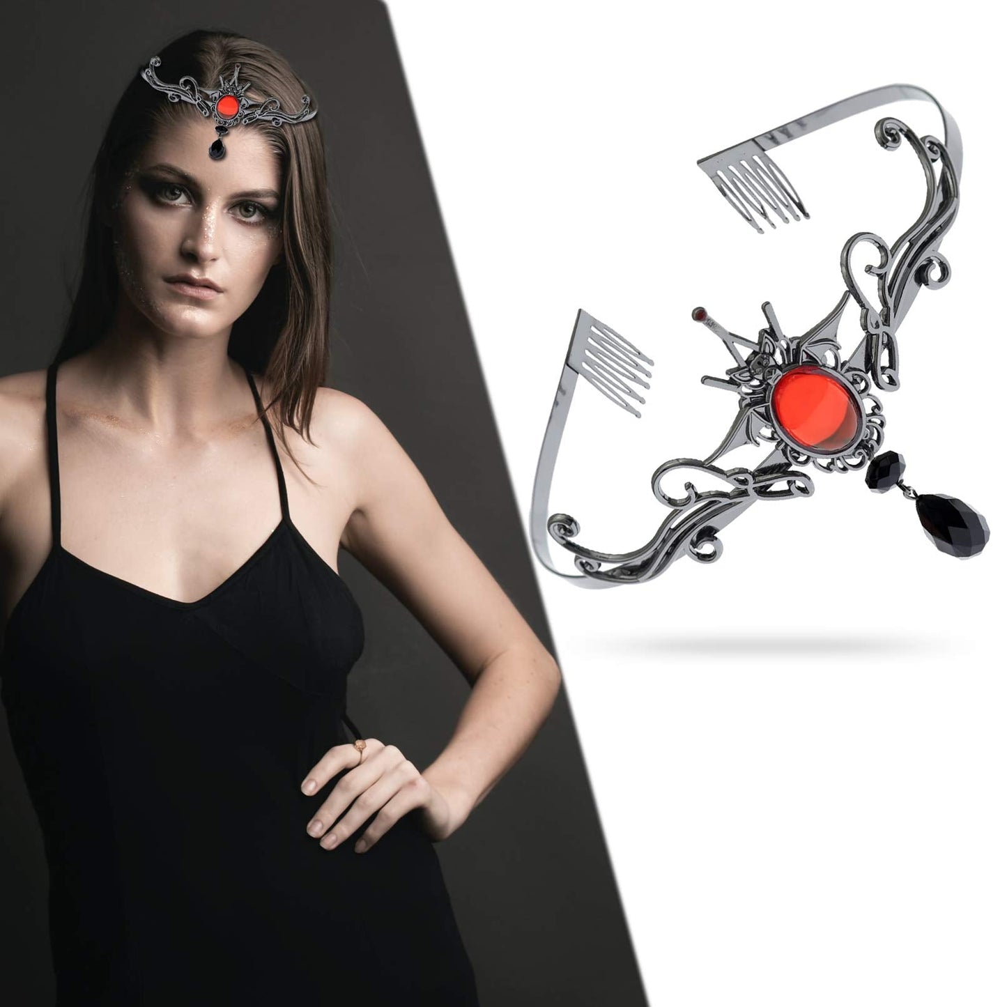 RechicGu Black Vampire Bat Red Stone Halloween Headband Tiara Comb Costume Crown Accessory Queen Party Bride Fascinator Alice Band with a box