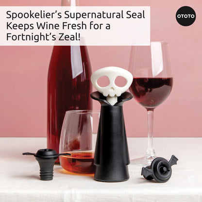 OTOTO New Spookelier Wine Saver Pump and 3 Wine Stopper - Wine Bottle Stoppers for Wine Bottles, Wine Stoppers Vacuum, Spooky Goth Accessories, Fun Skull Halloween Goth Kitchen, Goth Gifts Gadgets