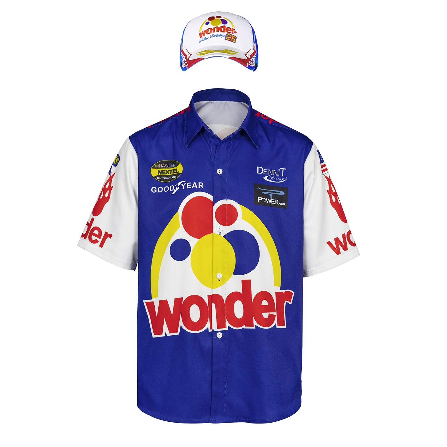 Qosivfey Adult Ricky Bobby shirt Talladega Nights Full costume with hat for Halloween costume(MY2021173-3,3XL)