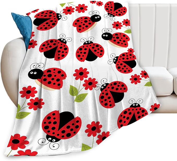 Ladybug Blanket, Lady Bug Cartoon Throw Blankets, Flower Green Leaves Fuzzy Plush Blanket Ultra Soft for Animal Lover Gift Kids Teens Women Men Girls Boys Stuff Decor for Bedding Sofas Couchh 80"X60"
