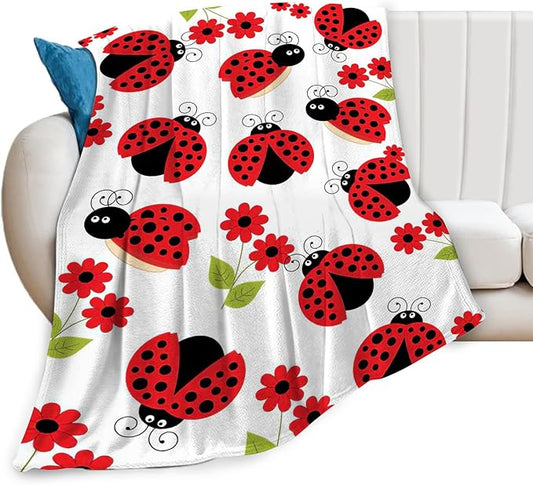 Ladybug Blanket, Lady Bug Cartoon Throw Blankets, Flower Green Leaves Fuzzy Plush Blanket Ultra Soft for Animal Lover Gift Kids Teens Women Men Girls Boys Stuff Decor for Bedding Sofas Couch 50"X40"