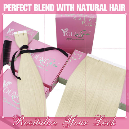 YoungSee Blonde Tape in Hair Extensions Human Hair 20pcs Platinum Blonde Tape Hair Extensions Real Human Hair 12Inch 30g Short Straight Hair for Women