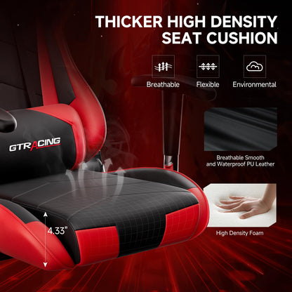 GTRACING Gaming Chair with Reclining Backrest, Adjustable Height and Swivel Base, Ergonomic Computer Chair with Headrest and Lumbar Support (Red)