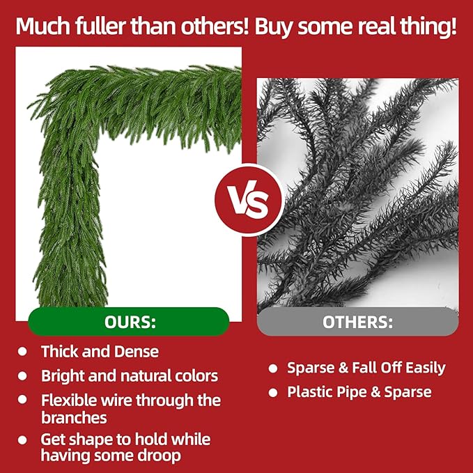9 Ft Norfolk Pine Christmas Garland - Artificial Faux Pine Needles Real Touch Winter Garland - Indoor/Outdoor Holiday Greenery Garlands for Fireplace Mantle, Staircase, Window Decor