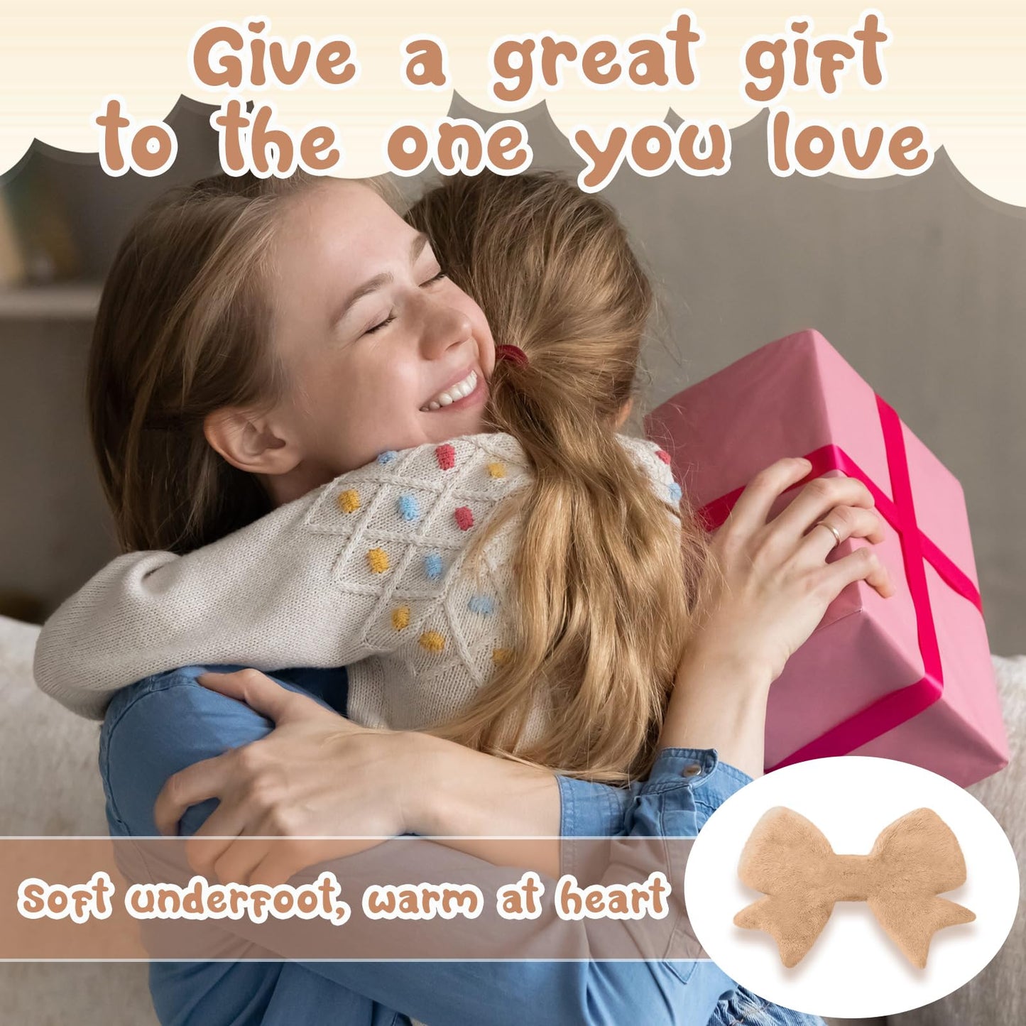 Tinideya Tan Bow Rug 2 x 3 ft Cute Coquette Bow Area Rugs with 6 Pcs 3.94 x 3.94'' Anti Slip Stickers Faux Rabbit Fur Bedside Carpet with Serged Edge for Bedroom Nursery Playroom Home Floor Decor