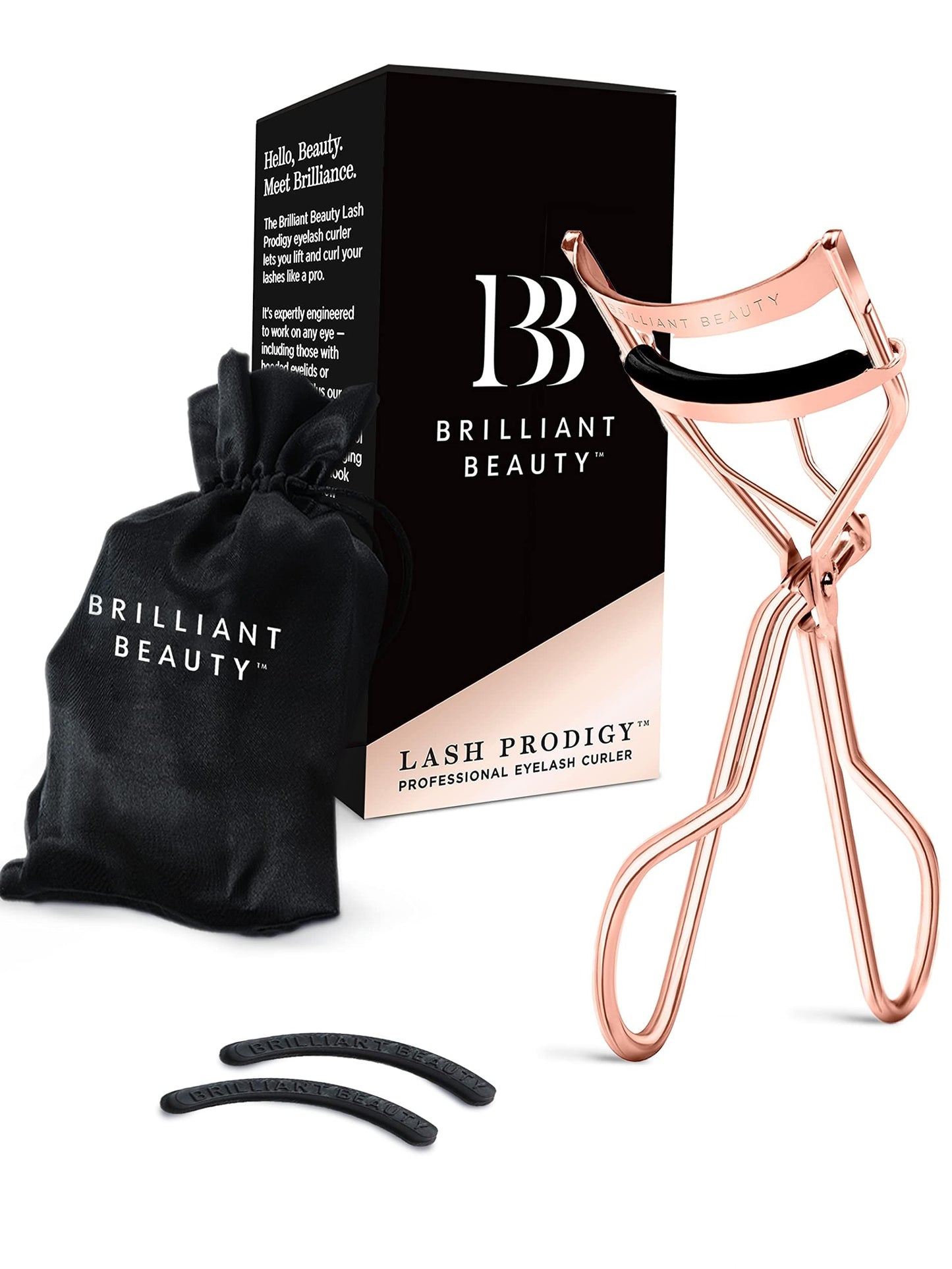 Brilliant Beauty Eyelash Curler with Satin Bag & Refill Pads - Award Winning - No Pinching, Just Dramatically Curled Eyelashes for a Lash Lift in Seconds (Rose Gold)