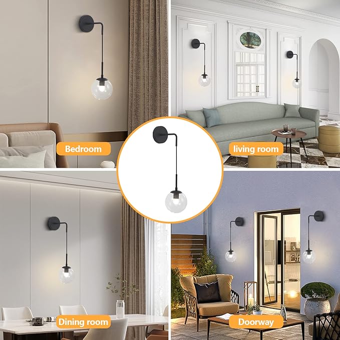 KCO Lighting Black Globe Wall Sconce Set of 2 Mid Century Modern Wall Light with Clear Glass Shade Vintage Adjustable Wall Lamp for Bathroom Mirror Bedside Stairs (Clear)