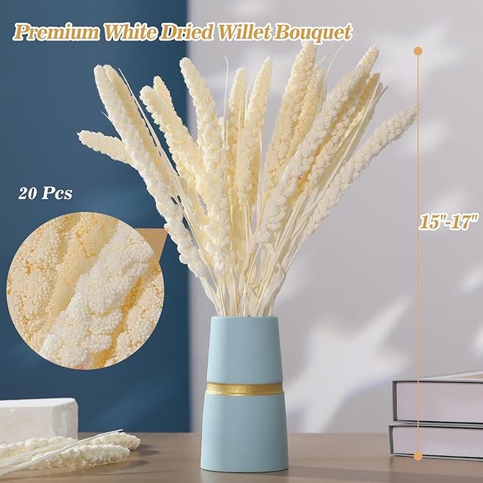 Dried Flowers Bouquet, Dry Flower Bundle, 20Pcs Natural Real Millet Flowers with Stems, Dried Floral Arrangements for Wedding Decor, Door Wreath, Home Party Vase Farmhouse Decoration (White, 17'')