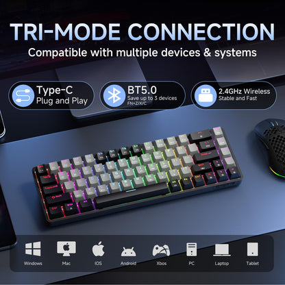 Dierya DK68 Wireless Gaming Keyboard, Triple Mode-Bluetooth/2.4GHz/USB-C Mechanical Keyboard, RGB Backlit, Linear Red Switch for Gaming & Office, Black Grey